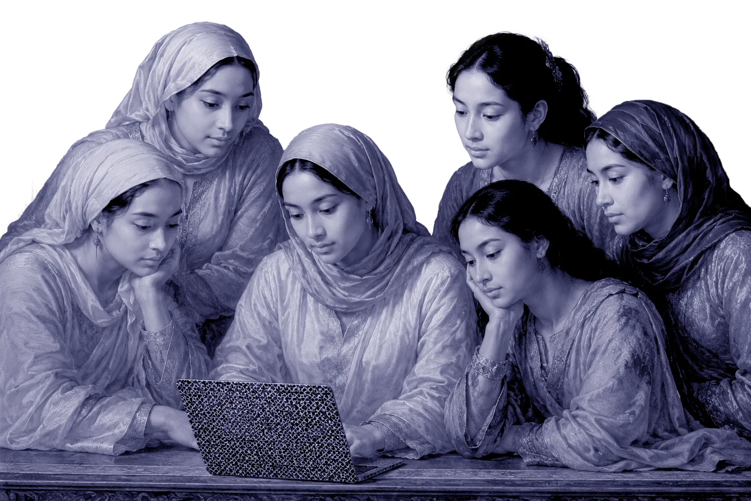 A group gathered around a laptop, working through a new system together